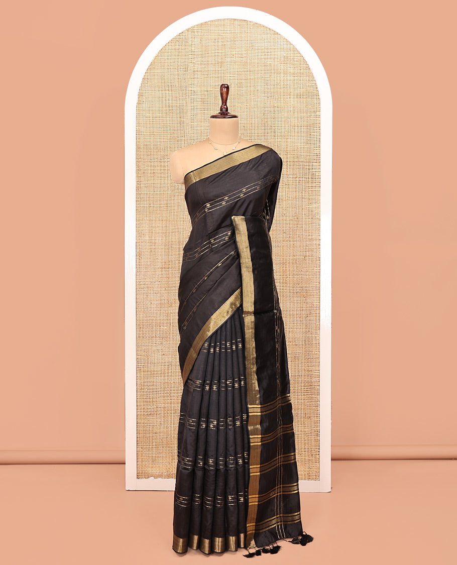 Black Banana Pith Saree, Enthralled with Buttas and Stripes on Its Body, Subtly Zari Border, Pallu Steeped with Zari Stripes, and Paired with a Matching Blouse