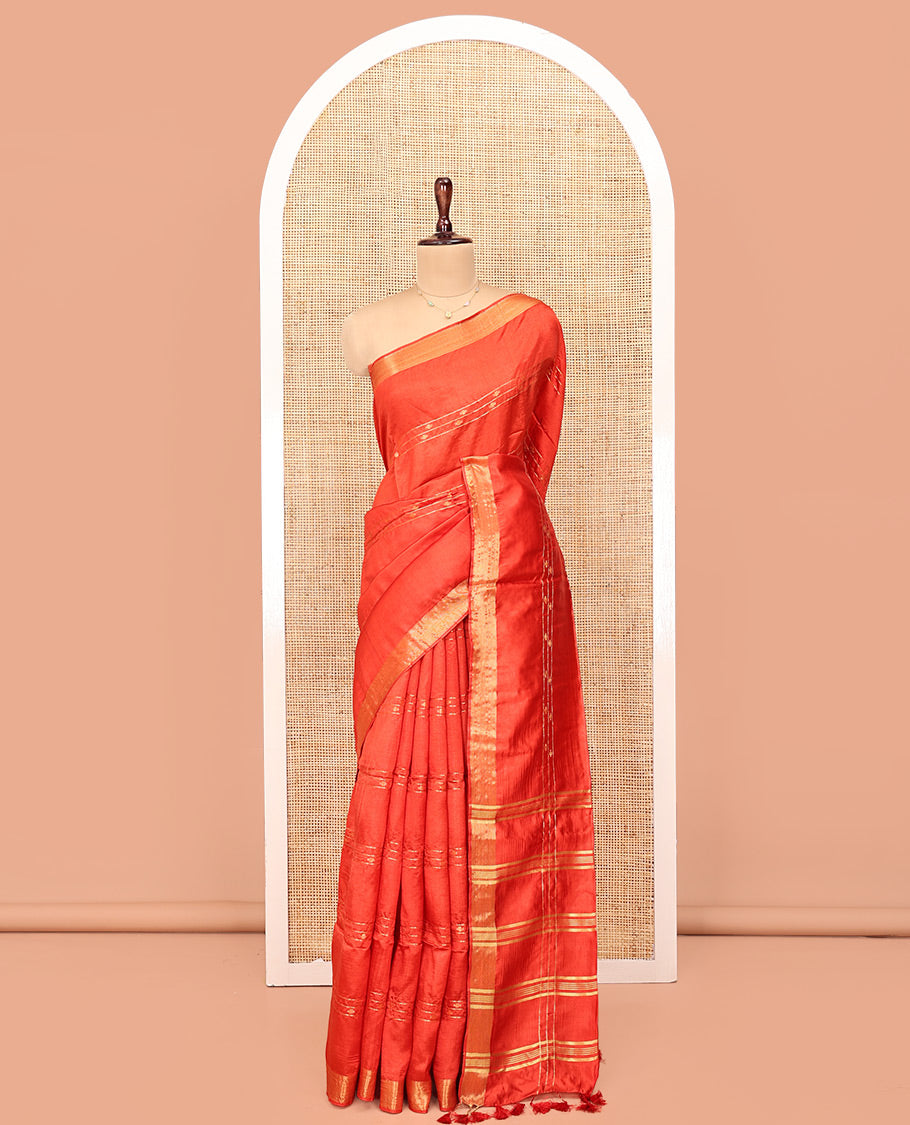Orange Banana Pith Saree, Decked Up with Buttas and Stripes All Over Its Body, Highlighted by Self-Border, Pallu of Zari Stripes, and Paired with a Matching Blouse