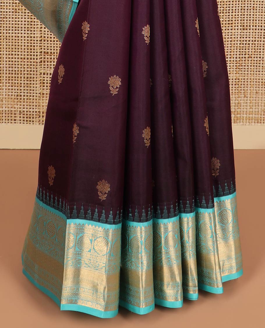 Violet floral buttas silk saree with contrast border of rekku, banaras, paun, manga, kathir design & geometric design pallu
