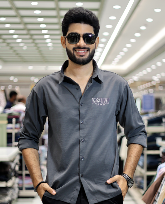 Grey Poly-Blended Back Flap Casual Shirt