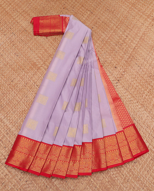 Lavender Budget Silk Saree, Sparsely Threaded with Zari Buttas, Complemented by a Contrast Traditional Zari Border, Jaal Pallu, and a Contrast Blouse