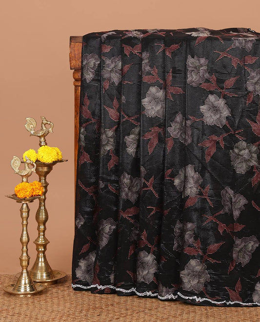 Black brasso-style floral design luxury georgette saree, Swarovski stonework border & blouse of buttas & Swarovski stonework