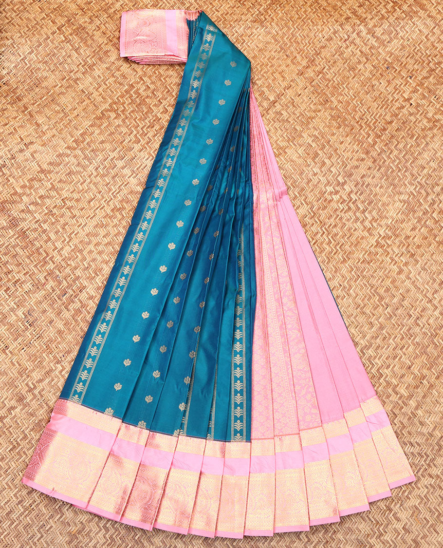 Blue Budget Silk Saree, Elevated with Zari Buttas on Its Body, Complemented by a Contrast Traditional Zari Design Rettai Pettu Border, Subtle Zari Woven Pallu, and Paired with a Contrast Blouse