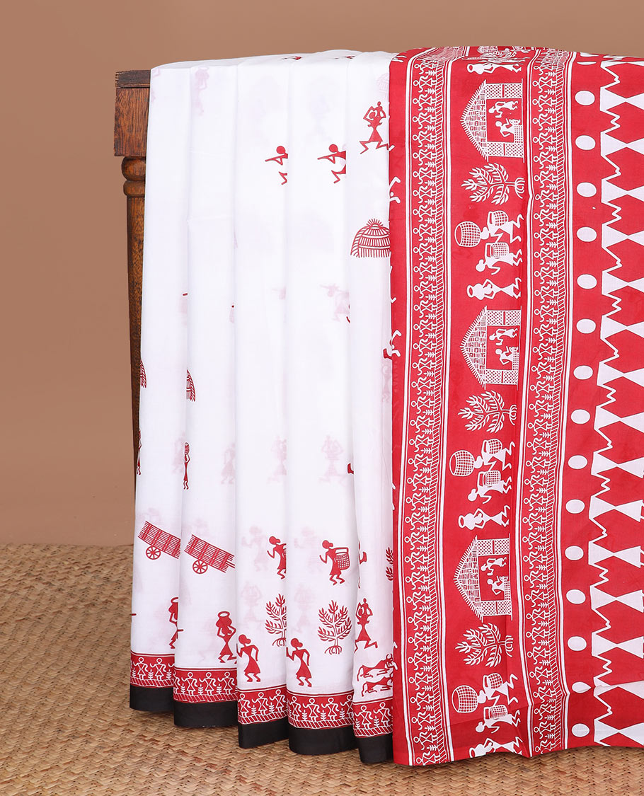 White warli village-theme printed mul mul cotton saree, contrast warli printed red border & pallu of warli motifs print