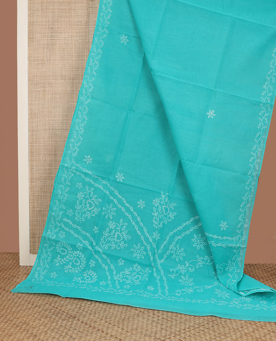 Blue flower butta thread embroidered Lucknowi chikankari saree, leaf creeper border, & floral embroidered pallu