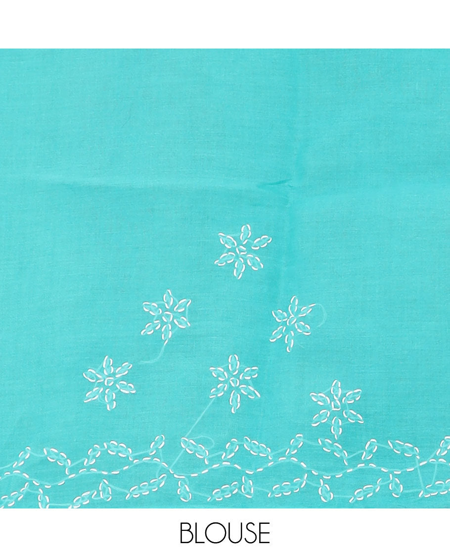 Blue flower butta thread embroidered Lucknowi chikankari saree, leaf creeper border, & floral embroidered pallu