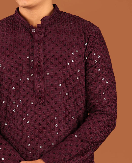 Wine Sequins and Thread Chikankari-Style Embroidered Full-Sleeved Men's Kurta and Contrast Pants