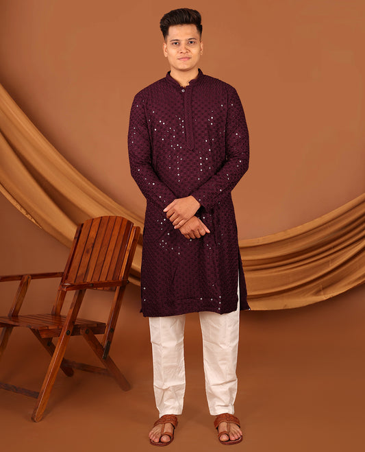 Wine Sequins and Thread Chikankari-Style Embroidered Full-Sleeved Men's Kurta and Contrast Pants
