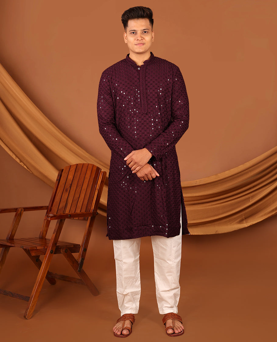 Wine Sequins and Thread Chikankari-Style Embroidered Full-Sleeved Men's Kurta and Contrast Pants