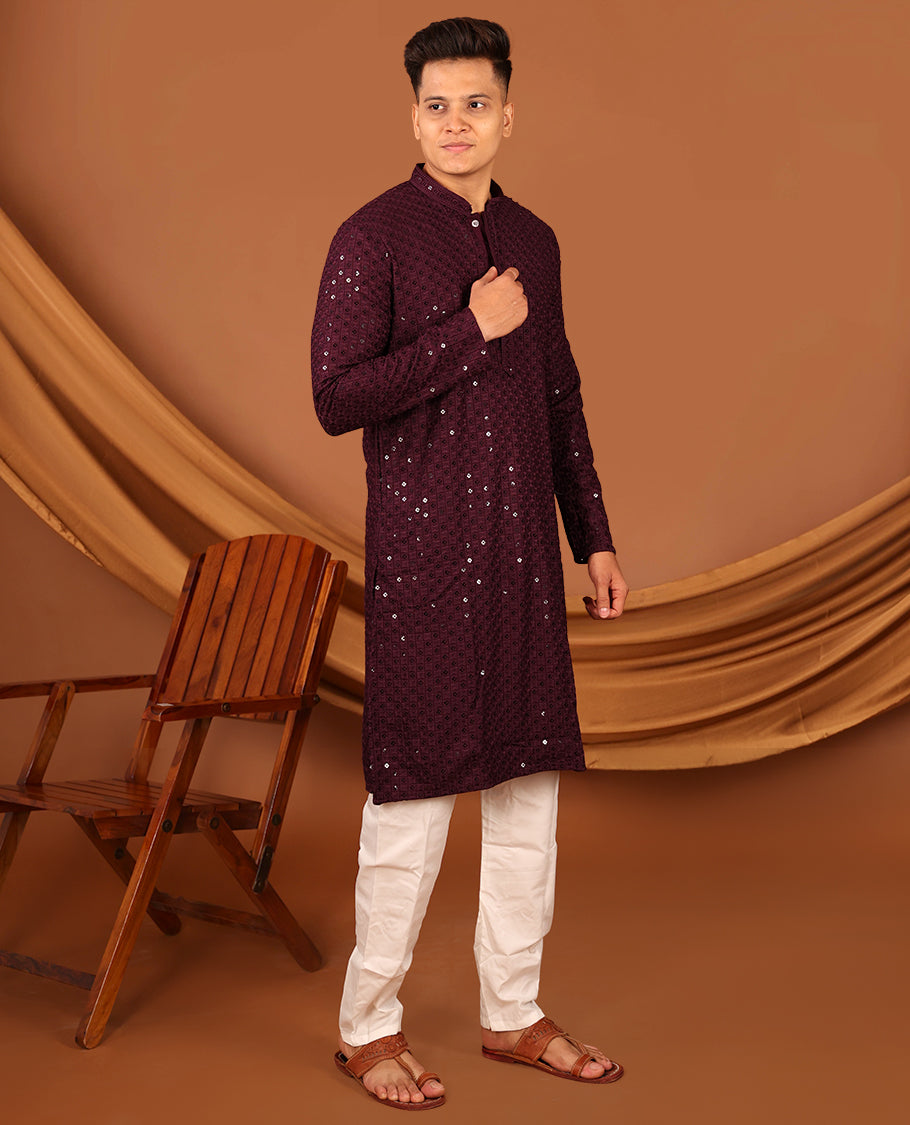 Wine Sequins and Thread Chikankari-Style Embroidered Full-Sleeved Men's Kurta and Contrast Pants