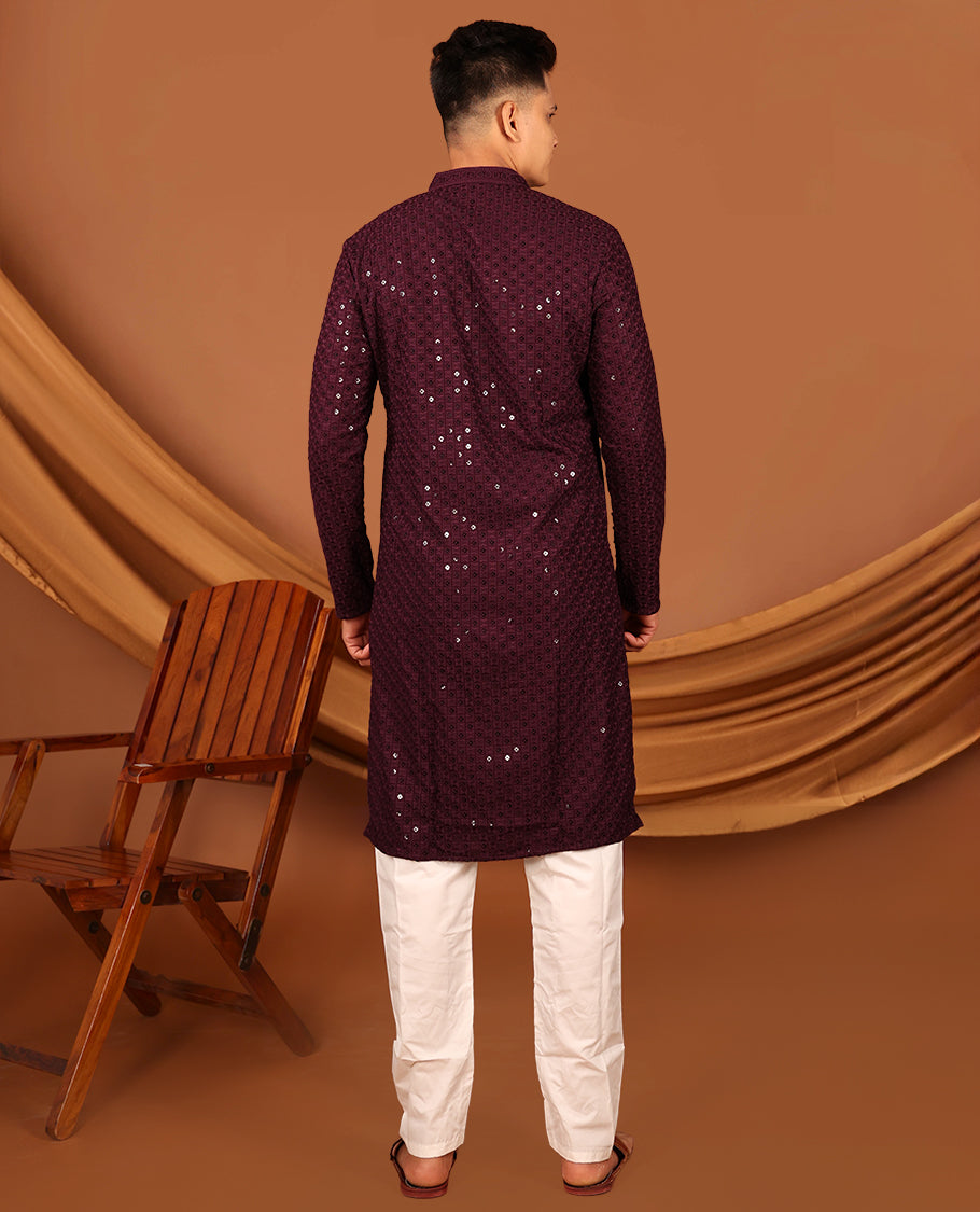 Wine Sequins and Thread Chikankari-Style Embroidered Full-Sleeved Men's Kurta and Contrast Pants