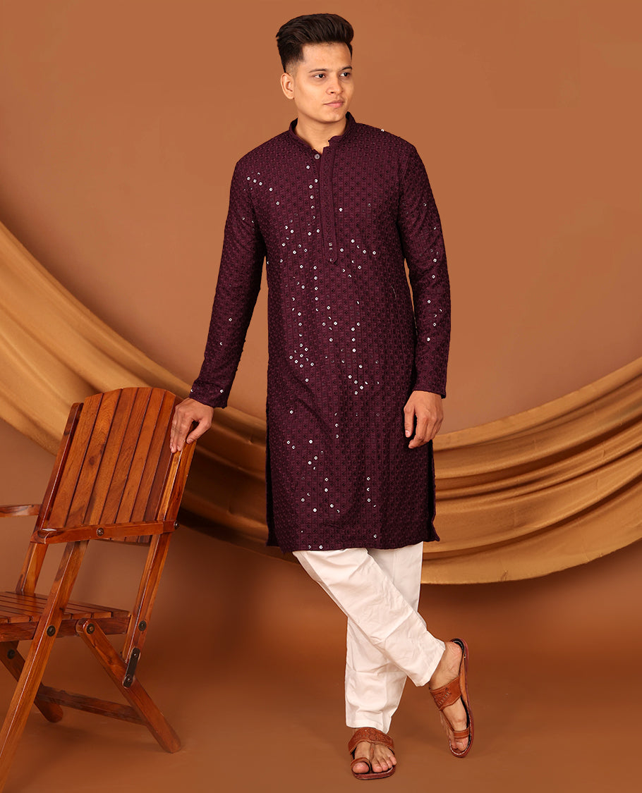 Wine Sequins and Thread Chikankari-Style Embroidered Full-Sleeved Men's Kurta and Contrast Pants