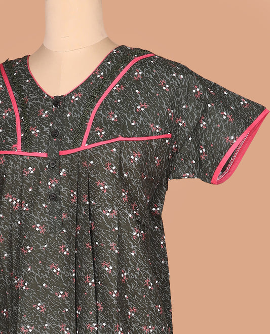 Green floral vine printed lace work round necked  half-sleeve cotton nighty
