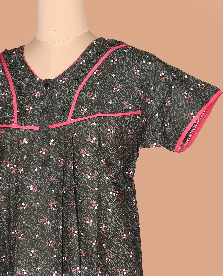Green floral vine printed lace work round necked  half-sleeve cotton nighty