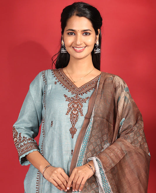 Blue-Grey Cotton Readymade Suit