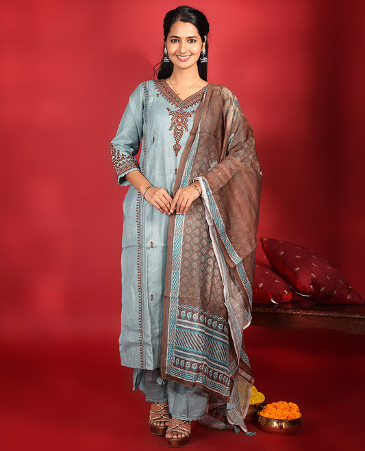 Blue-Grey Cotton Readymade Suit