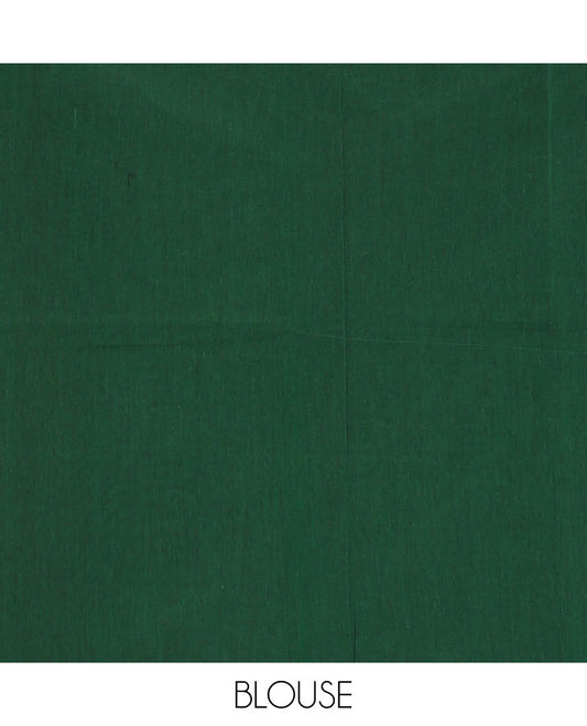 Borderless tree green Horse buttas woven Coimbatore cotton saree, self-pallu of geometric patterns