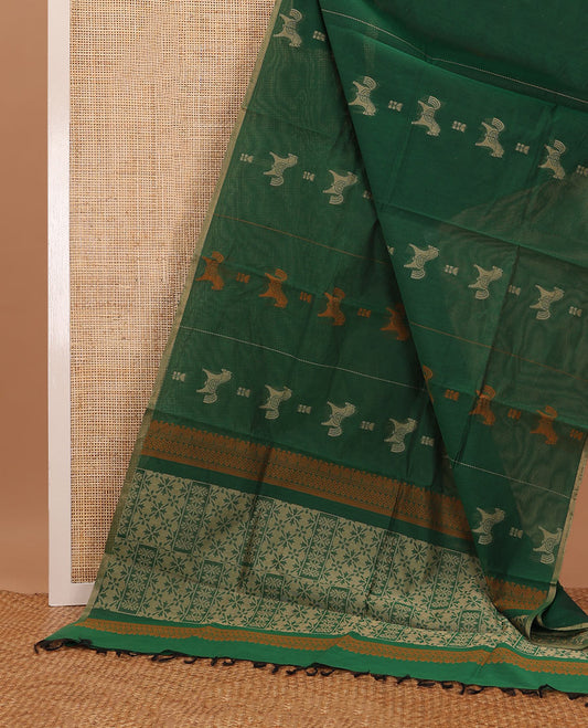 Borderless tree green Horse buttas woven Coimbatore cotton saree, self-pallu of geometric patterns