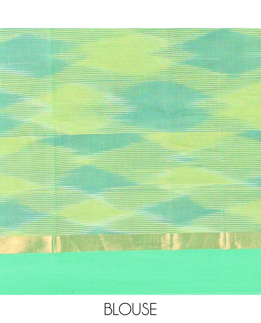 Green geometric patterned chirala cotton saree, contrast zari striped border & striped pallu