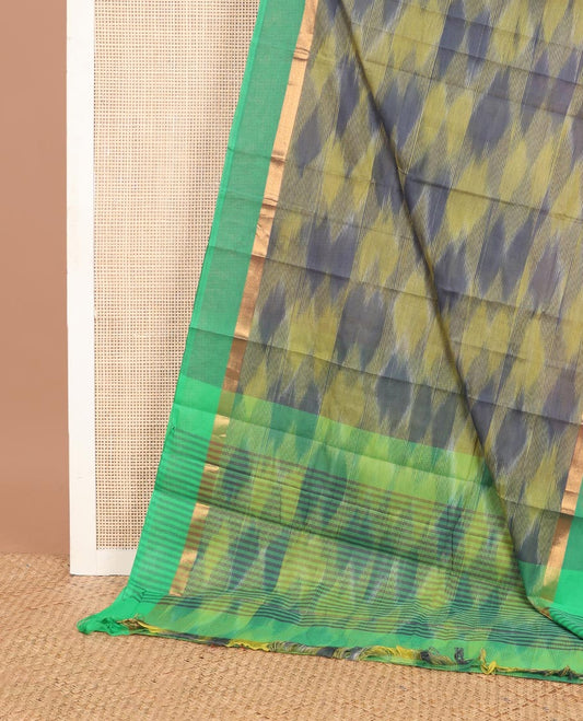 Green geometric patterned chirala cotton saree, contrast zari striped border & striped pallu