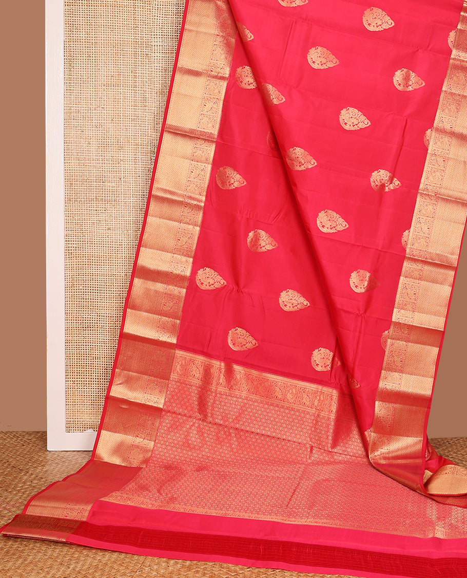 Red zari buttas Vasundhara silk mix, zari border of rekku, yaanai, mayil, and jaal, and ogee patterned pallu