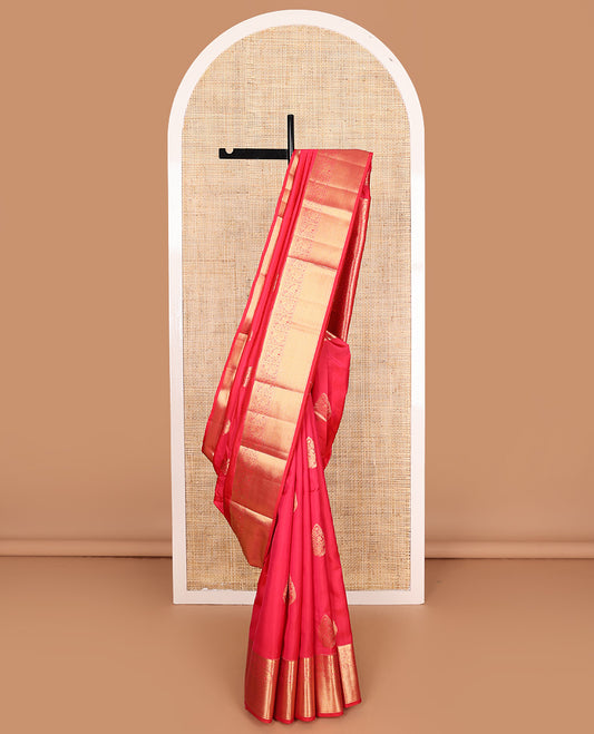 Red zari buttas Vasundhara silk mix, zari border of rekku, yaanai, mayil, and jaal, and ogee patterned pallu