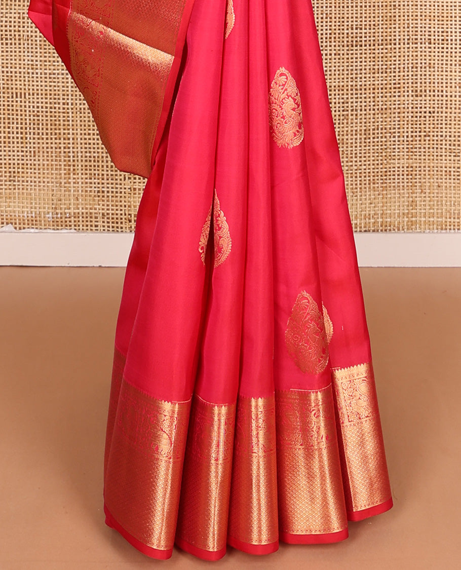Red zari buttas Vasundhara silk mix, zari border of rekku, yaanai, mayil, and jaal, and ogee patterned pallu
