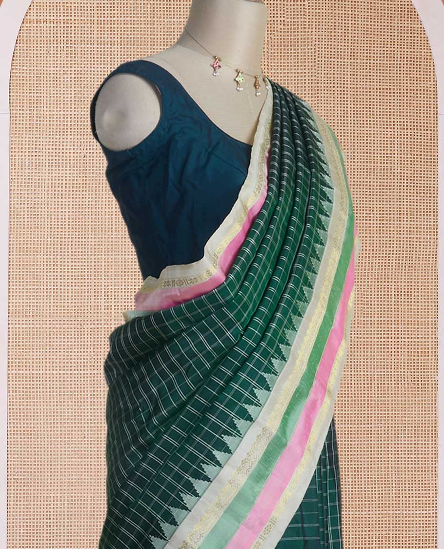 Green checked gadwal silk saree, contrast rettai pettu temple traditional zari multi-colored border & gleaming gold zari pallu