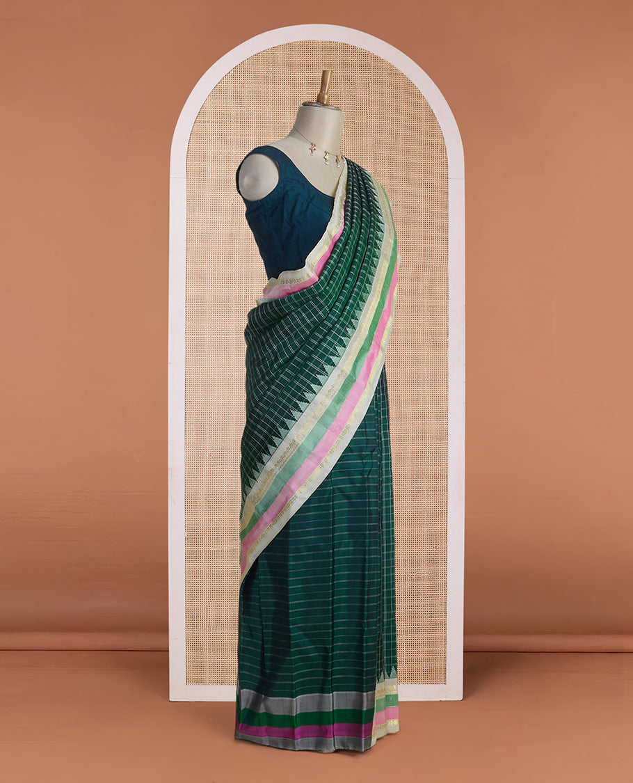 Green checked gadwal silk saree, contrast rettai pettu temple traditional zari multi-colored border & gleaming gold zari pallu