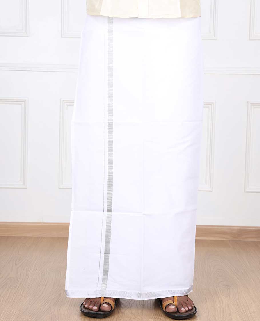 Minister White silver zari border 28-44 inch cotton white readymade dhoti 