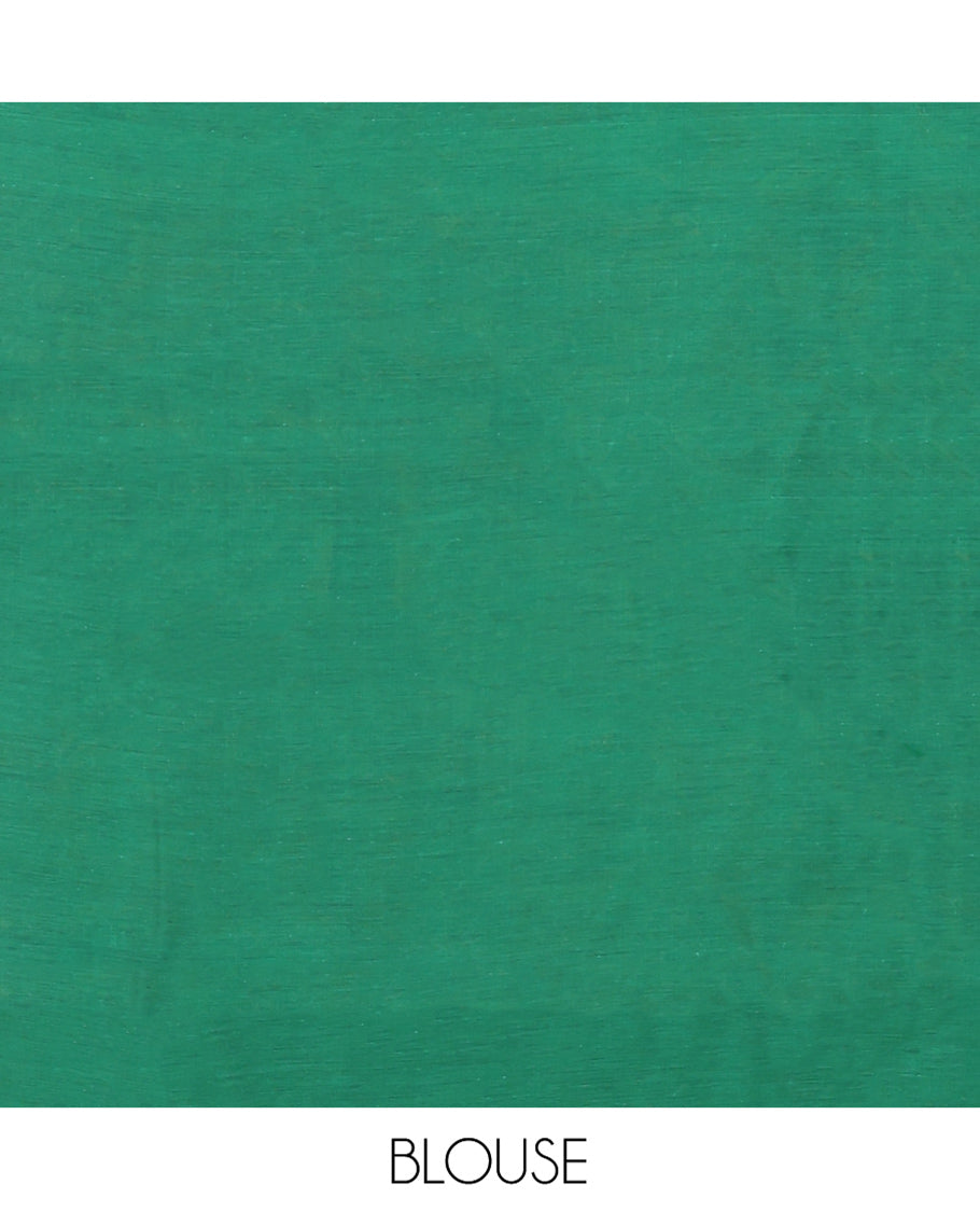 Mustard Semi-Silk Cotton Saree, Ornamented with Peacock Buttas All Over Its Body, Complemented by a Contrast Border of Peacock Designs, Pallu Steeped with Peacock Designs, and Paired with a Contrast Blouse