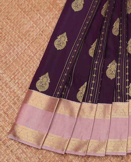 Purple Budget Silk Saree, Beautified with Zari Designs, Complemented by a Contrast Traditional Zari Rettai Pettu Border, Grand Pallu, and a Contrast Blouse