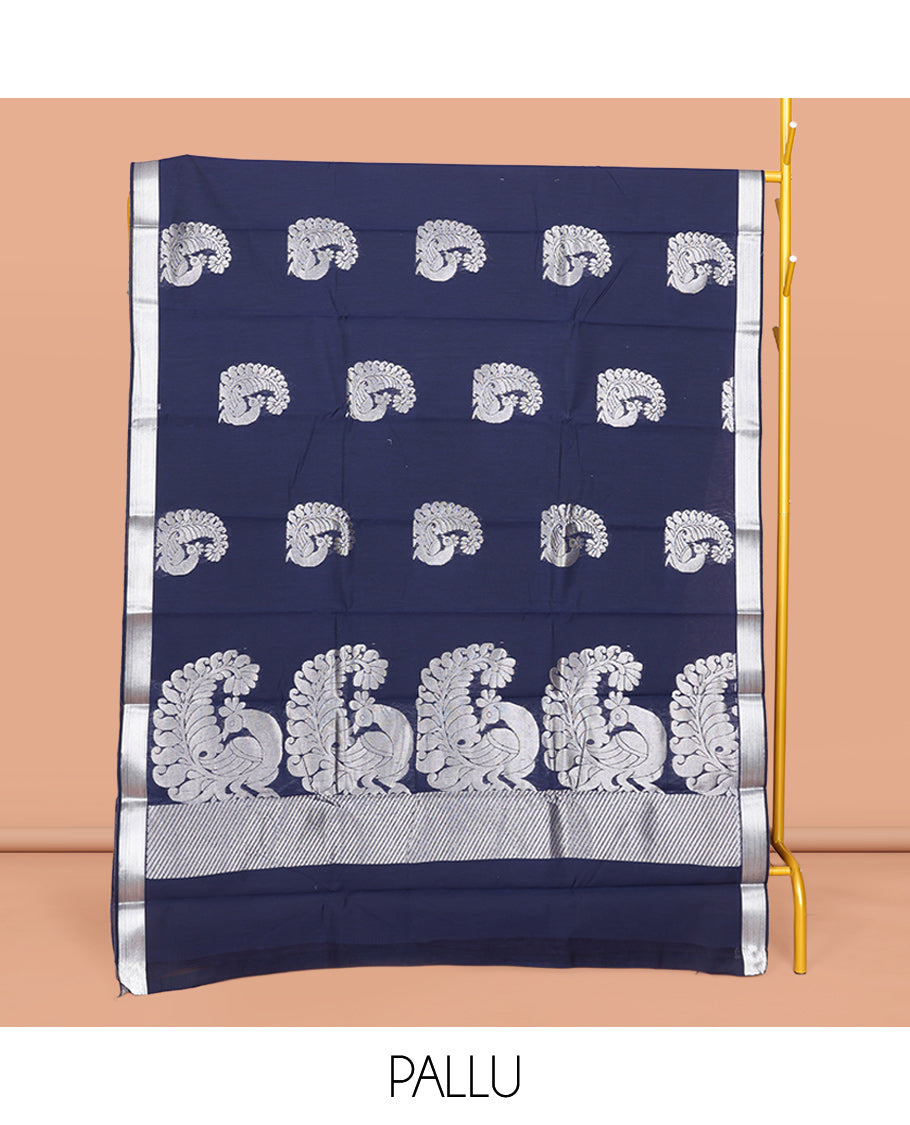 Navy Blue Semi-Silk Cotton Saree, Decked Up with Peacock Buttas All Over Its Body, Highlighted by a Zari Border, Pallu Artfully Woven with Peacock Designs, and Paired with a Matching Blouse