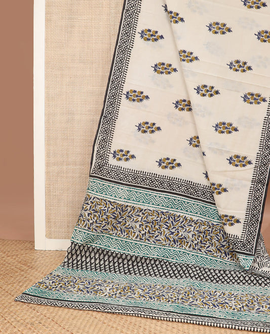 Cream floral motifs printed mul mul cotton saree, geometric block printed border & pallu of floral-geometric block print