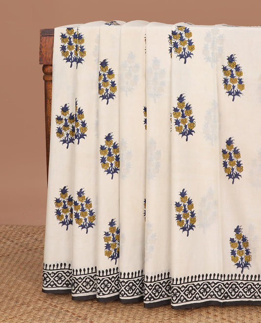 Cream floral motifs printed mul mul cotton saree, geometric block printed border & pallu of floral-geometric block print