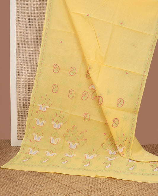 Yellow flowers thread embroidered Lucknowi chikankari saree, self-border, & paisley embroidered pallu