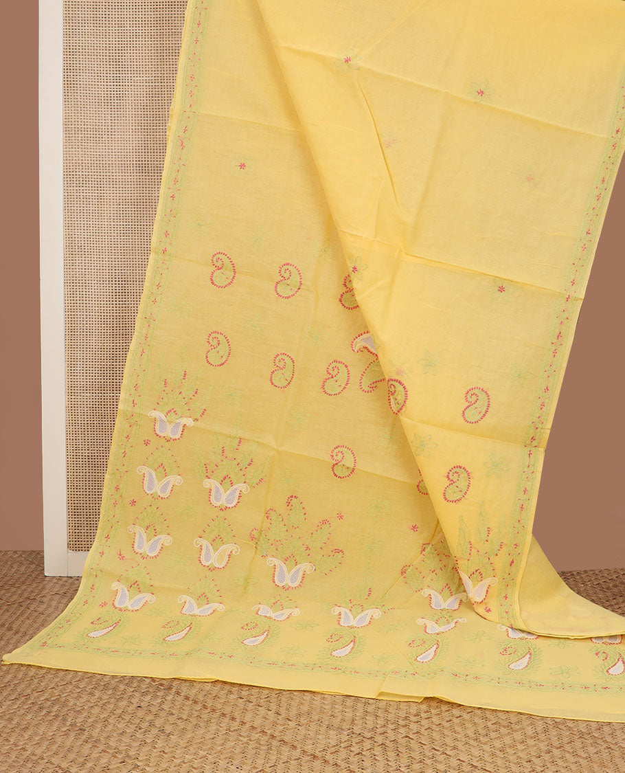 Yellow flowers thread embroidered Lucknowi chikankari saree, self-border, & paisley embroidered pallu