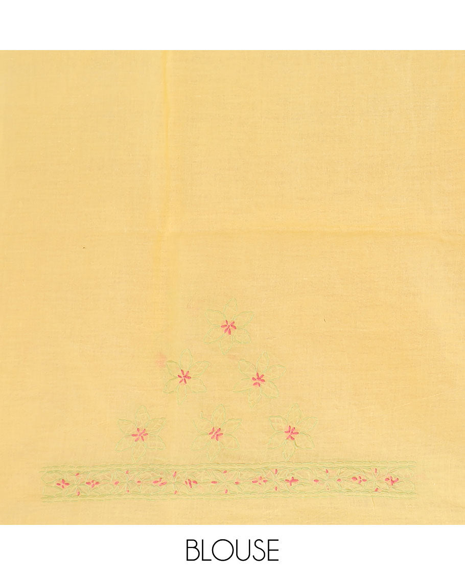 Yellow flowers thread embroidered Lucknowi chikankari saree, self-border, & paisley embroidered pallu