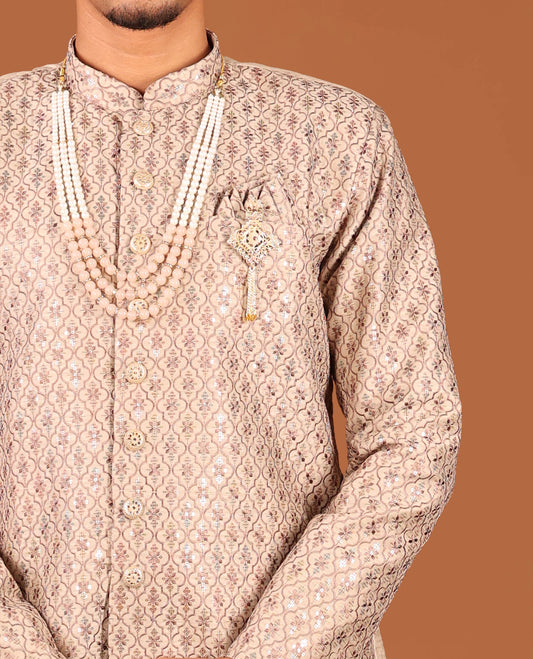 Biscuit Color Mughal-Style Ogee-Pattern Embroidered Full-Sleeved Men's Kurta and Contrast Pants