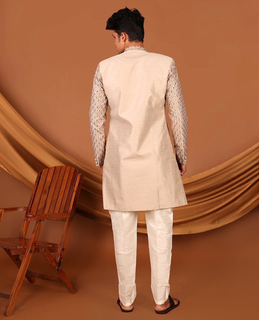 Biscuit Color Mughal-Style Ogee-Pattern Embroidered Full-Sleeved Men's Kurta and Contrast Pants
