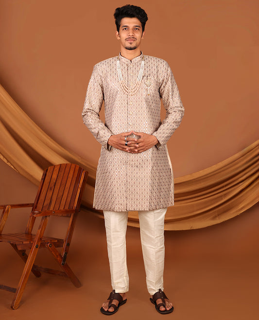 Biscuit Color Mughal-Style Ogee-Pattern Embroidered Full-Sleeved Men's Kurta and Contrast Pants