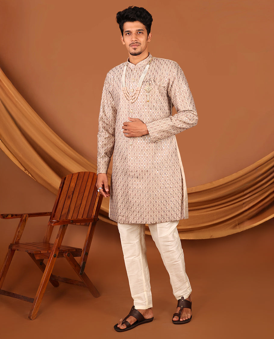 Biscuit Color Mughal-Style Ogee-Pattern Embroidered Full-Sleeved Men's Kurta and Contrast Pants