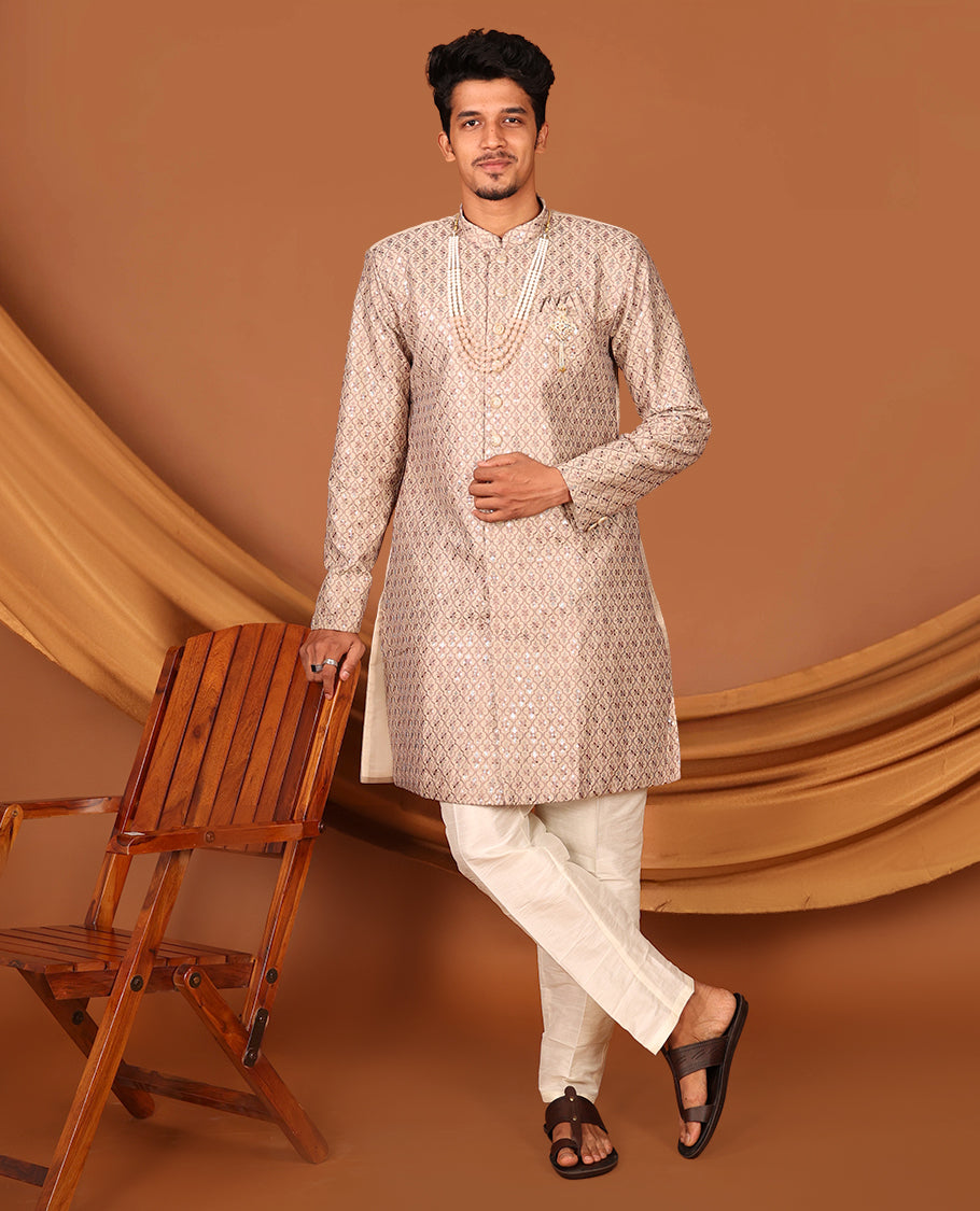 Biscuit Color Mughal-Style Ogee-Pattern Embroidered Full-Sleeved Men's Kurta and Contrast Pants