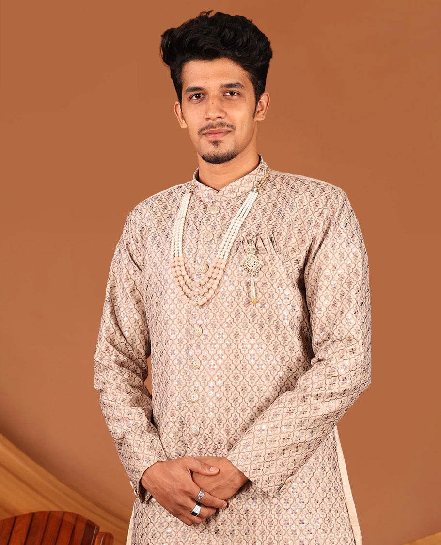 Biscuit Color Mughal-Style Ogee-Pattern Embroidered Full-Sleeved Men's Kurta and Contrast Pants