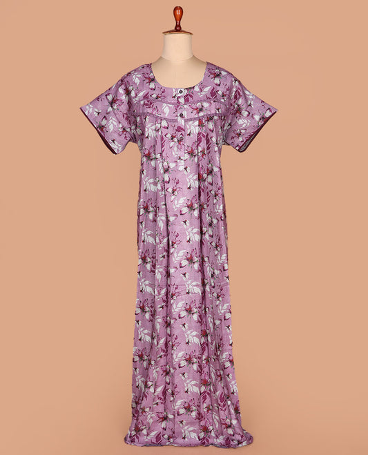 Purple floral printed lace work round necked half-sleeve cotton nighty