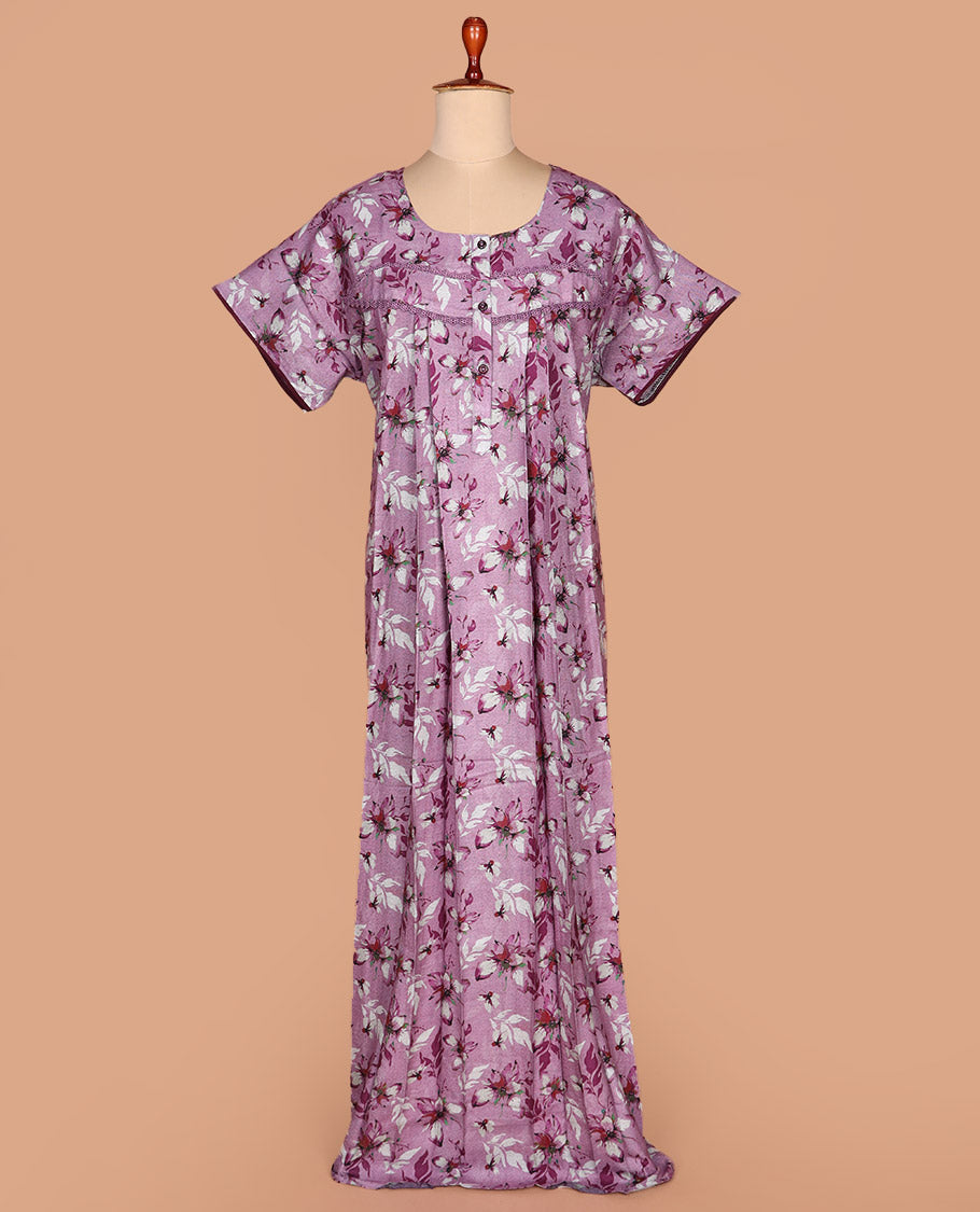 Purple floral printed lace work round necked half-sleeve cotton nighty