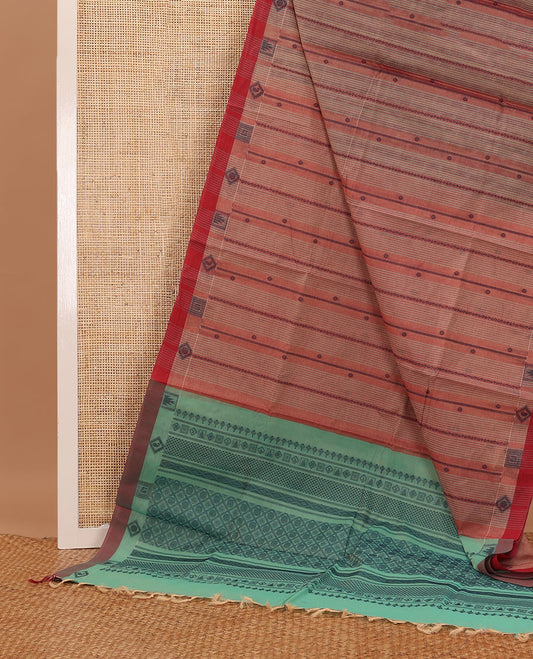 Orange tiny buttas & striped Coimbatore cotton saree, contrast border  & contrast geometric patterned pallu