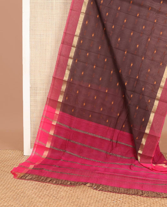Brown buttas Chirala cotton saree, contrast zari striped border & striped pallu