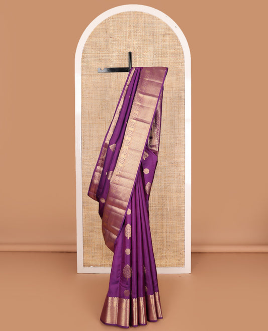 Purple zari buttas Vasundhara silk mix, zari border of chakram and vanki designs, and geometric patterned pallu