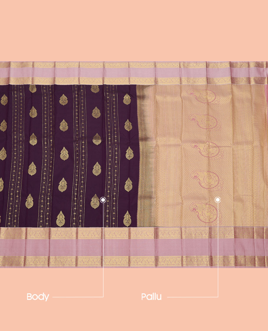 Purple Budget Silk Saree, Beautified with Zari Designs, Complemented by a Contrast Traditional Zari Rettai Pettu Border, Grand Pallu, and a Contrast Blouse